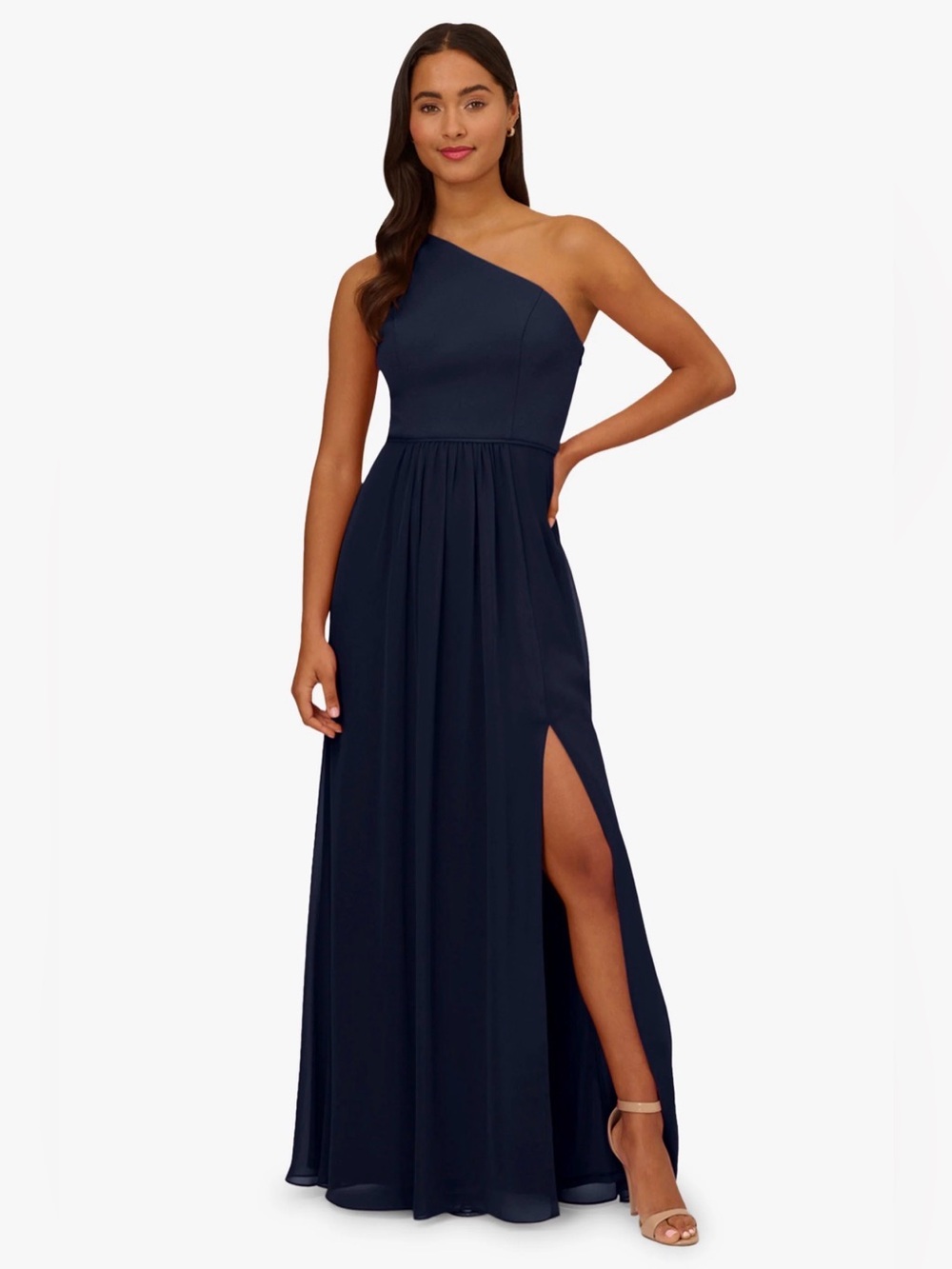 Adrianna Papell NWT Navy One-Shoulder Evening Gown with Side Slit size 12